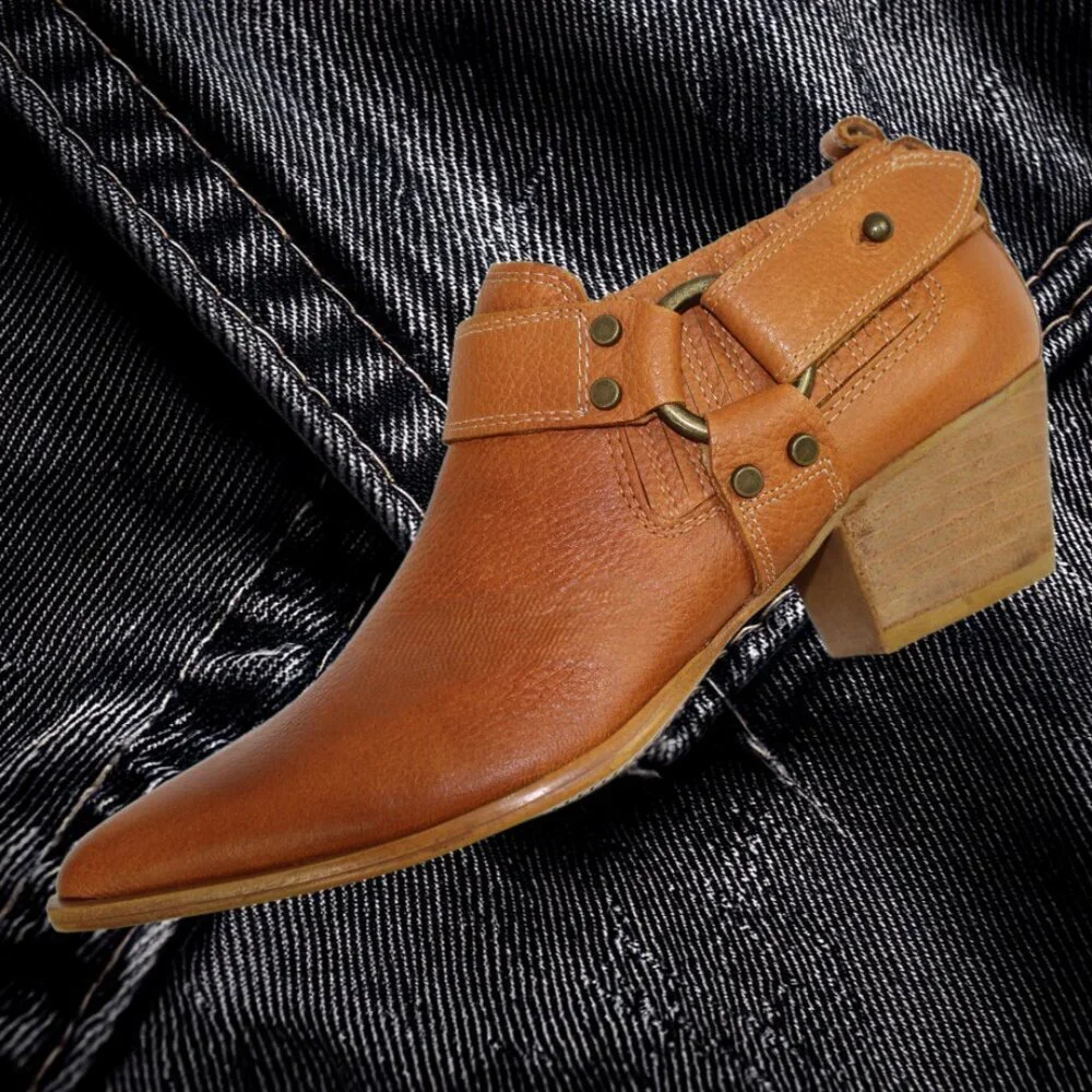 Dingo Kick Back Leather Harness Detail Cognac  Ankle Bootie, Size 6.5